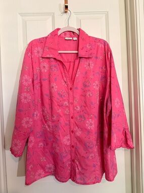 100% Cotton Cato Bright Pink Floral Print Button-Up Shirt